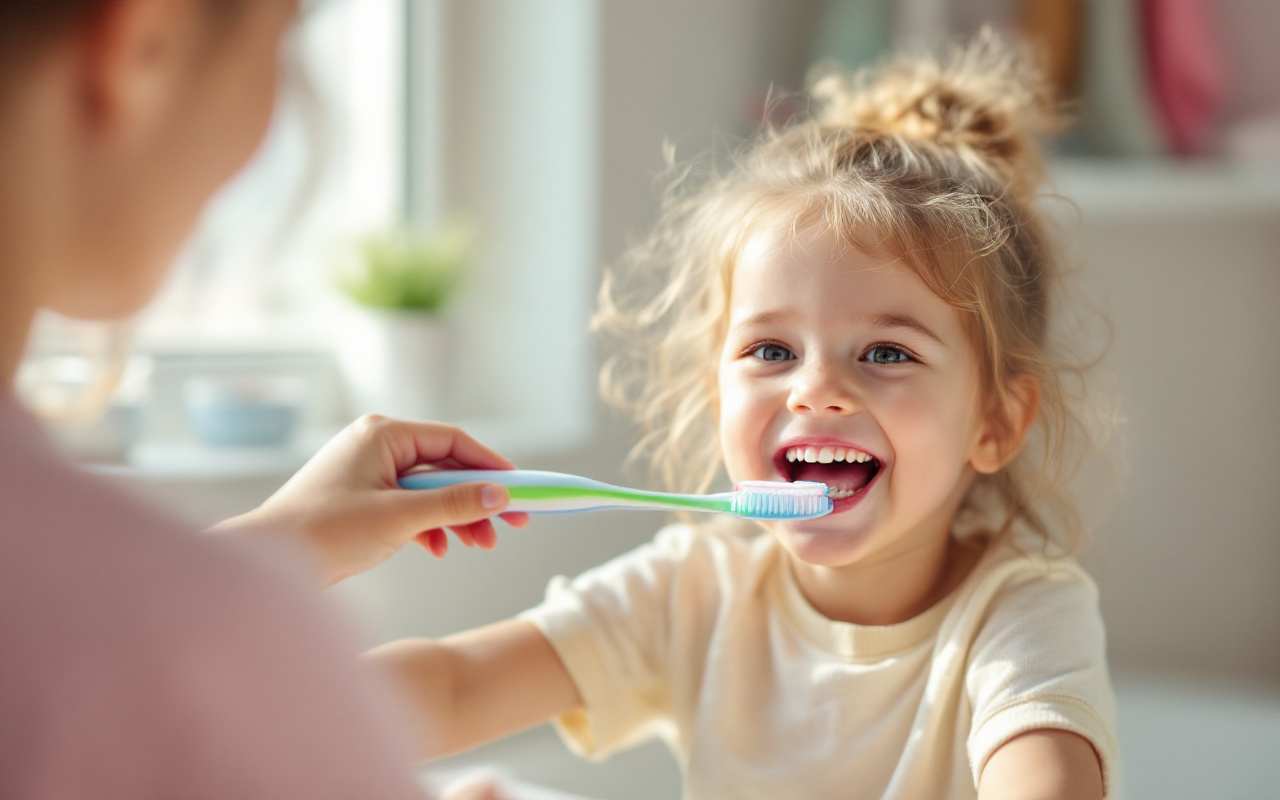 Un enfant heureux se brosse les dents dans une salle de bain lumineuse, souriant devant le miroir avec une brosse &agrave; dents color&eacute;e.